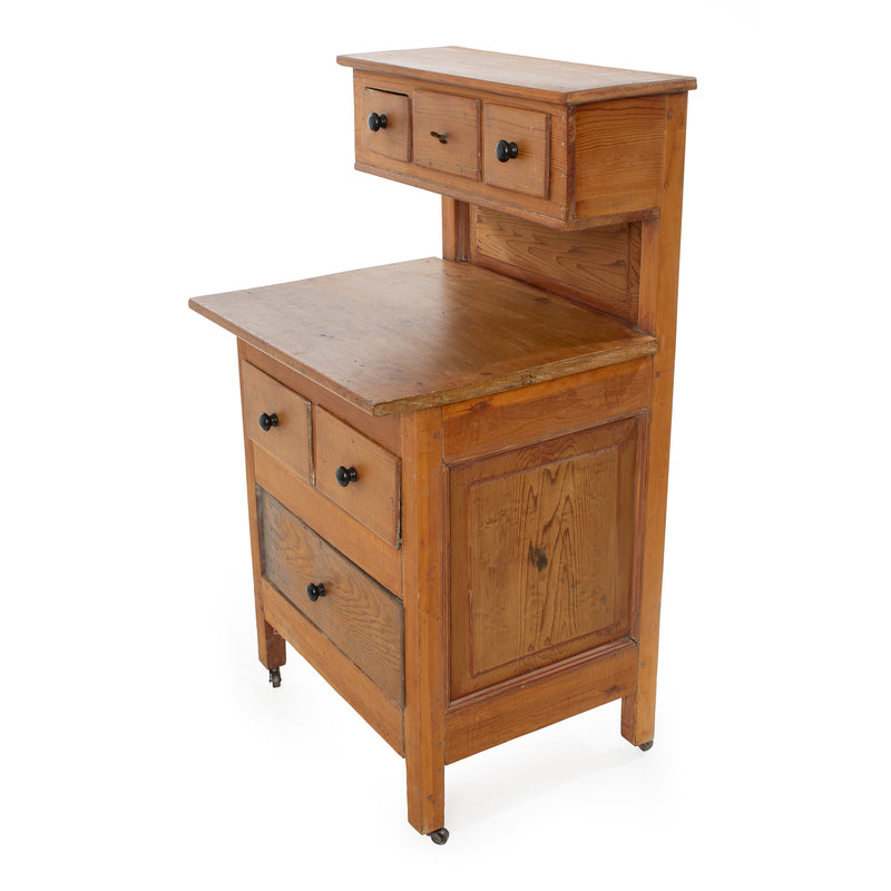 Custom Pine Fielded Panel Cupboard w/ 3 Upper Raised Drawers over 3 Drawer Cabinet Work Surface on Casters