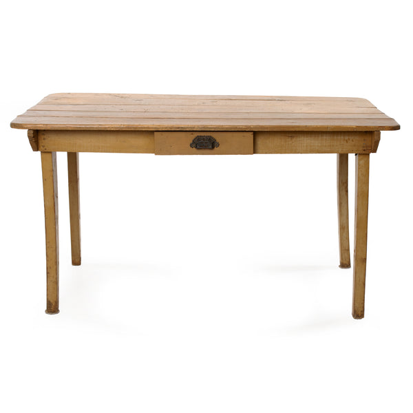 Dark Yellow Painted Pine 5-Plank Top Farm Table w/ Drawer & Tapered Legs
