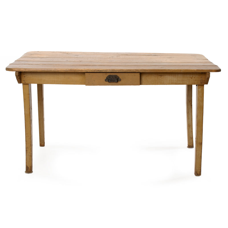 Dark Yellow Painted Pine 5-Plank Top Farm Table w/ Drawer & Tapered Legs