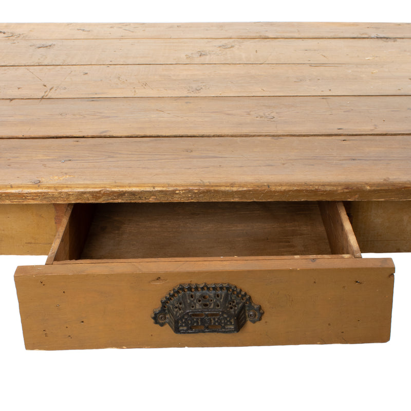 Dark Yellow Painted Pine 5-Plank Top Farm Table w/ Drawer & Tapered Legs
