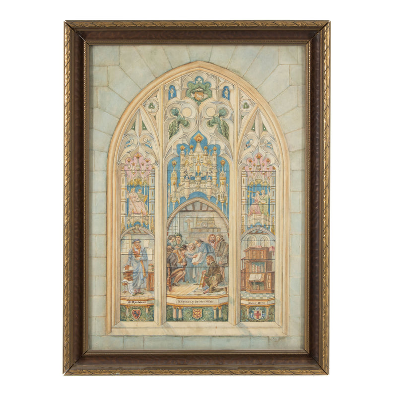 Framed Mixed Media Drawing of a cathedral window by S. Court 1931