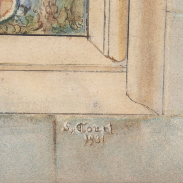 Framed Mixed Media Drawing of a cathedral window by S. Court 1931