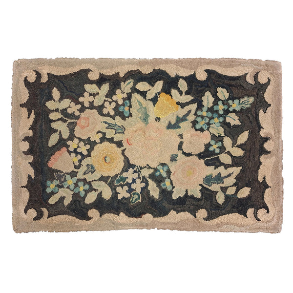Faded Black, Beige, Yellow & Pink Floral Hand Knotted Floormat