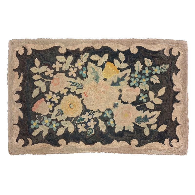 Faded Black, Beige, Yellow & Pink Floral Hand Knotted Floormat