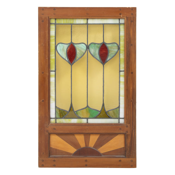 Fir Framed Stained Glass Leaded Window w/ Sun Detail