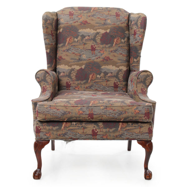 Fly-Fishing Upholstered Wingback Chair with Carved Cabriole Legs over Claw and Ball Feet