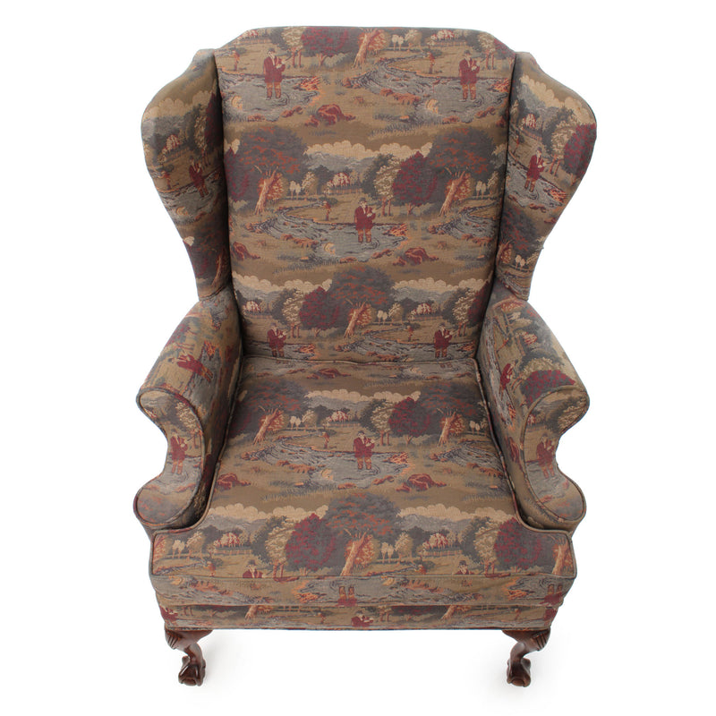Fly-Fishing Upholstered Wingback Chair with Carved Cabriole Legs over Claw and Ball Feet