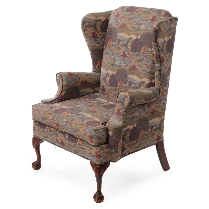 Fly-Fishing Upholstered Wingback Chair with Carved Cabriole Legs over Claw and Ball Feet