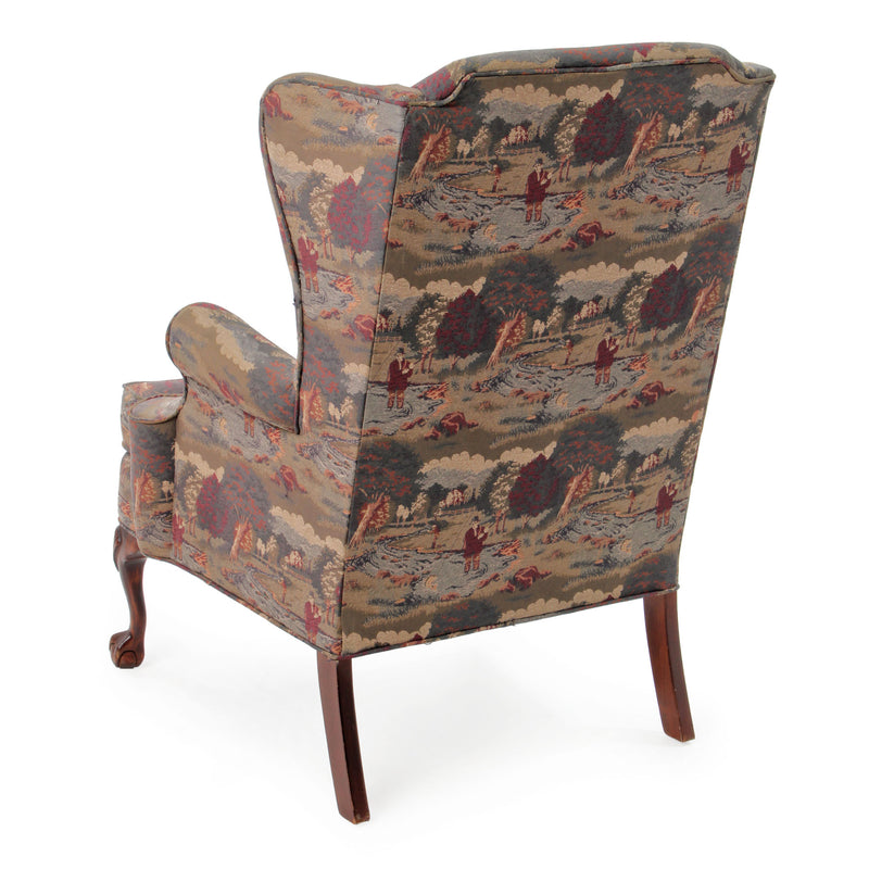 Fly-Fishing Upholstered Wingback Chair with Carved Cabriole Legs over Claw and Ball Feet