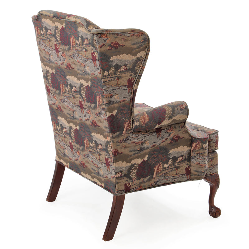 Fly-Fishing Upholstered Wingback Chair with Carved Cabriole Legs over Claw and Ball Feet