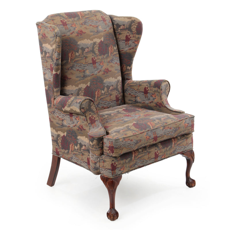 Fly-Fishing Upholstered Wingback Chair with Carved Cabriole Legs over Claw and Ball Feet