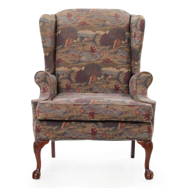 Fly-Fishing Upholstered Wingback Chair with Carved Cabriole Legs over Claw and Ball Feet