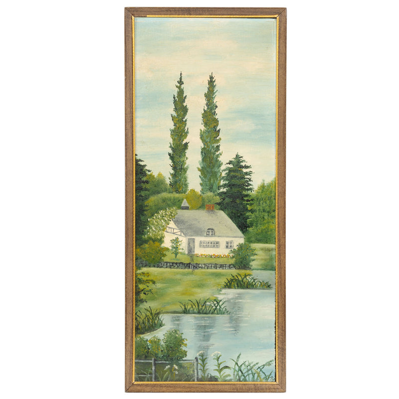 Framed Folk Art Oil Painting of Lake Cottage