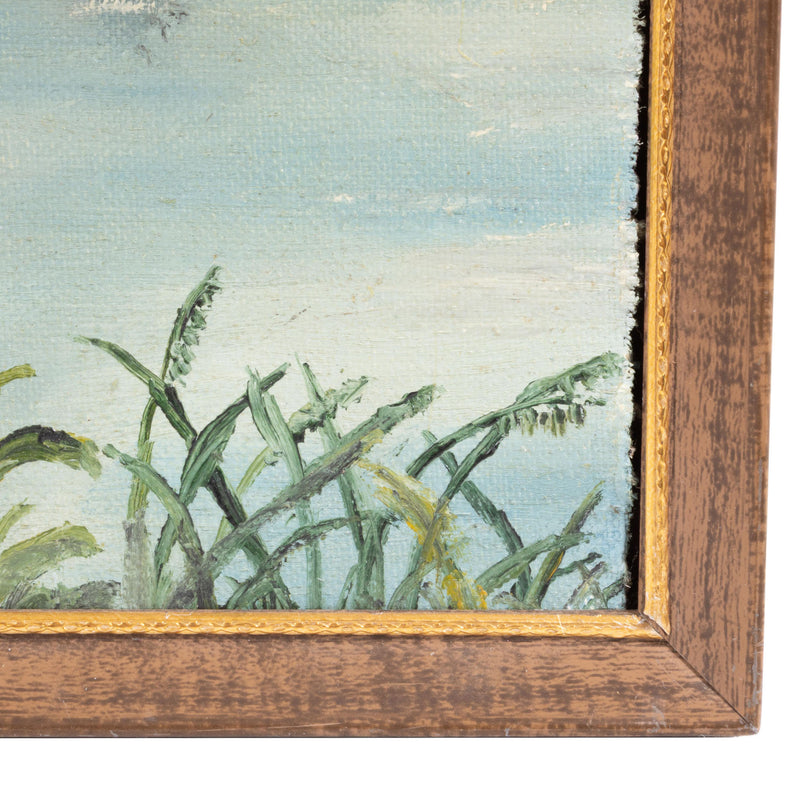 Framed Folk Art Oil Painting of Lake Cottage