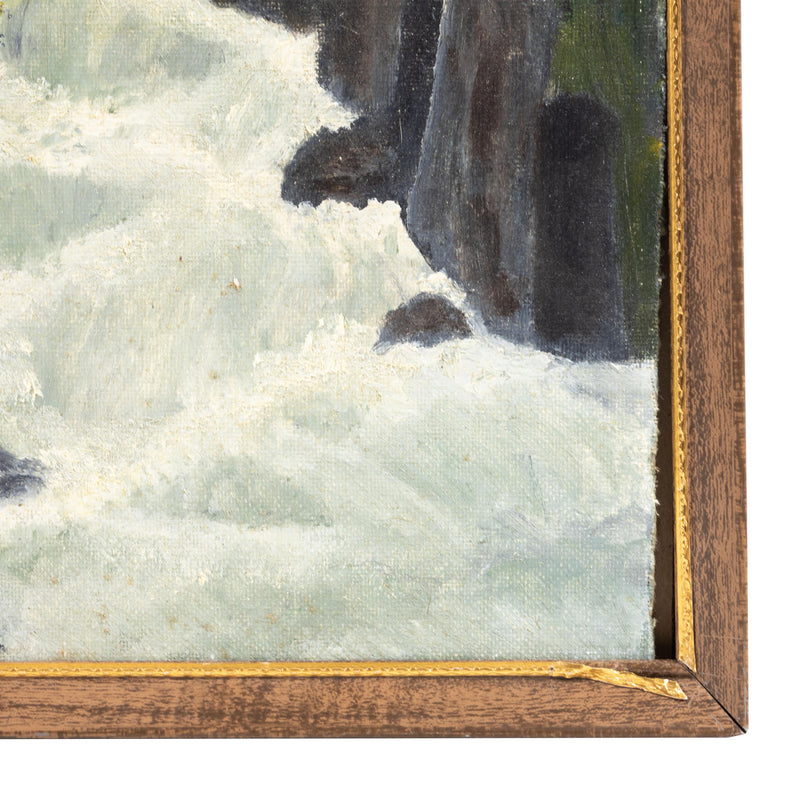 Framed Folk Art Oil Painting of Log Cabin w/ Waterfall