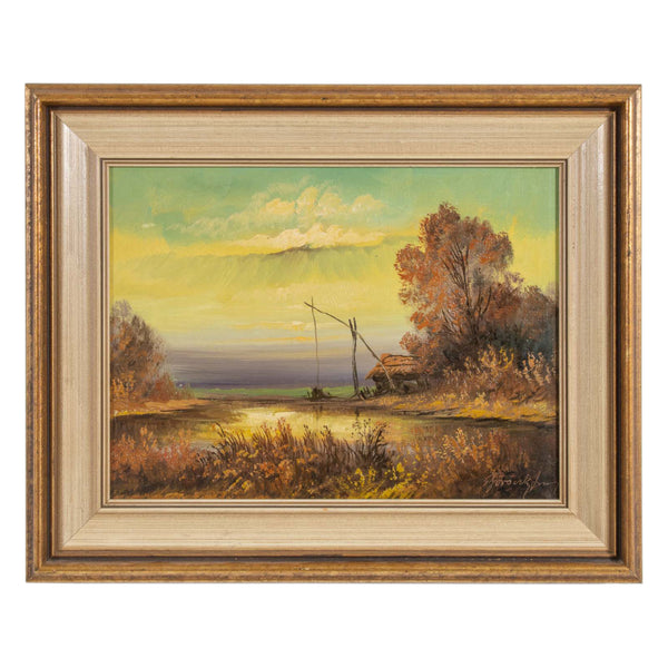 Framed Oil Painting on Canvas of Autumn Landscape w/ Shack