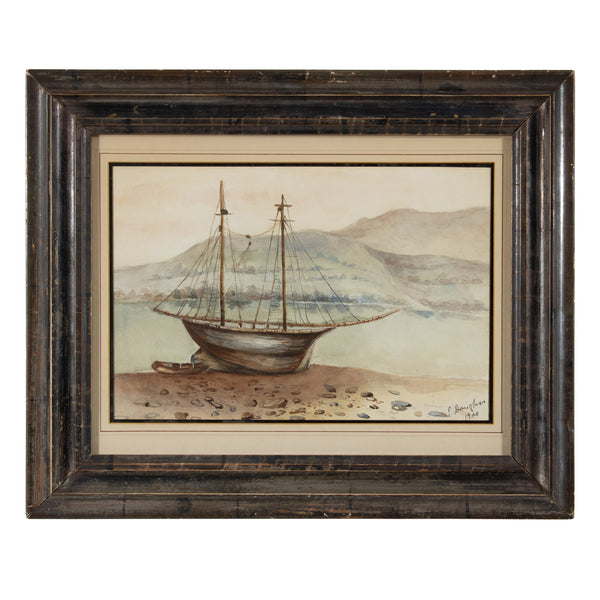 Framed Watercolour of Sailboat on Beach by E. Douglas
