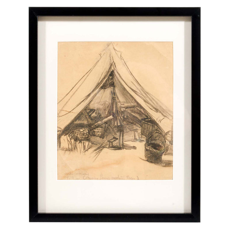 Framed & Matted Chalk Pastel Drawing "Sergeant's Tent at 105-co C.L.C. near Albion France" by Ken Thomas