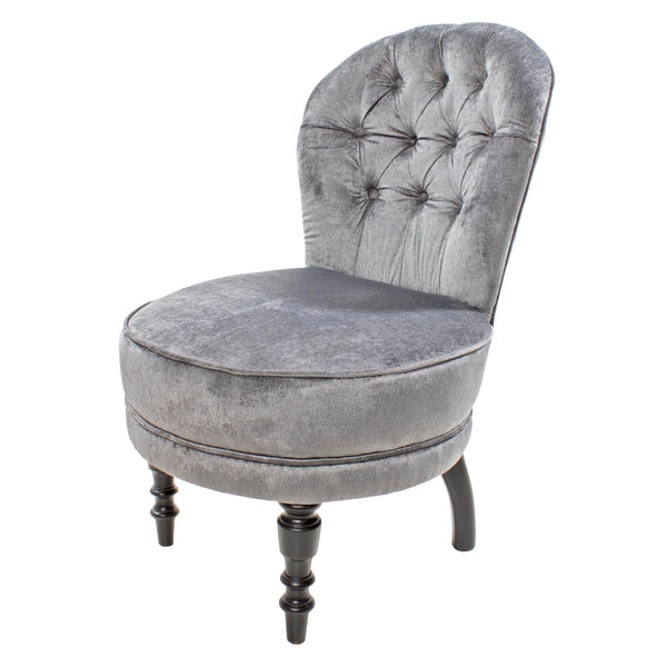 Fully Restored Grey Button Tufted Italian Provincial Slipper Chair with Matte Black Painted Carved Show Wood