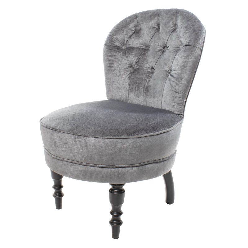 Fully Restored Grey Button Tufted Italian Provincial Slipper Chair with Matte Black Painted Carved Show Wood