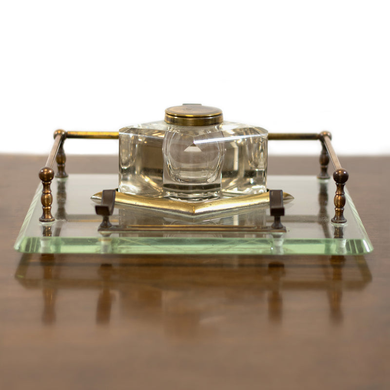 Glass and Brass Desk Tray w/ Brass Pen Rest and Diamond-Shaped Inkwell (2pcs.)