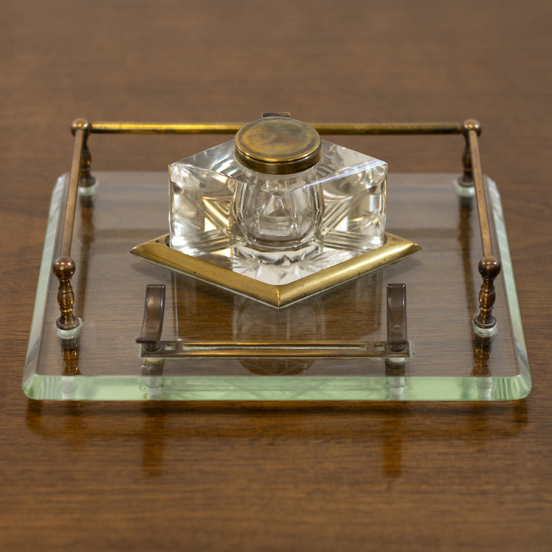 Glass and Brass Desk Tray w/ Brass Pen Rest and Diamond-Shaped Inkwell (2pcs.)