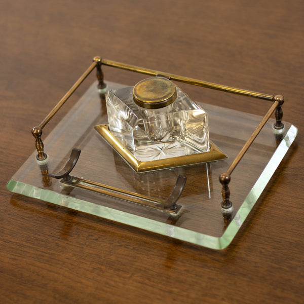 Glass and Brass Desk Tray w/ Brass Pen Rest and Diamond-Shaped Inkwell (2pcs.)