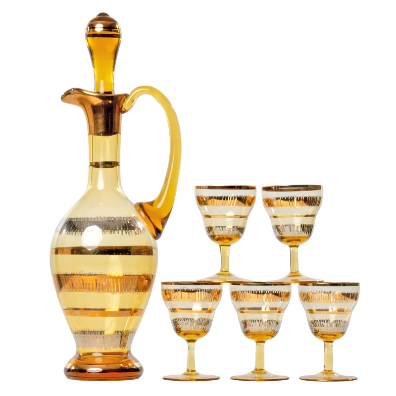 Mid-Century Amber Glass Decanter with 5 Glasses
