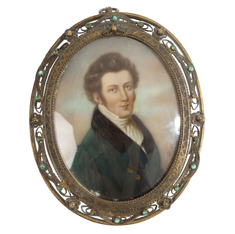 Miniature Porcelain Portrait of Gentleman in Pierced Brass Frame Adorned with 16 Stones