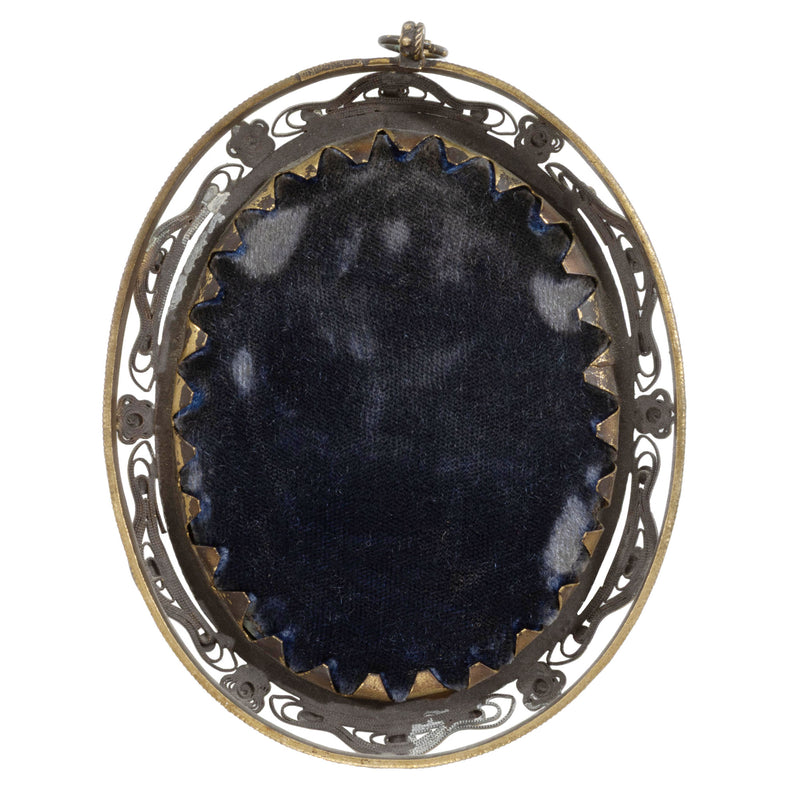 Miniature Porcelain Portrait of Gentleman in Pierced Brass Frame Adorned with 16 Stones