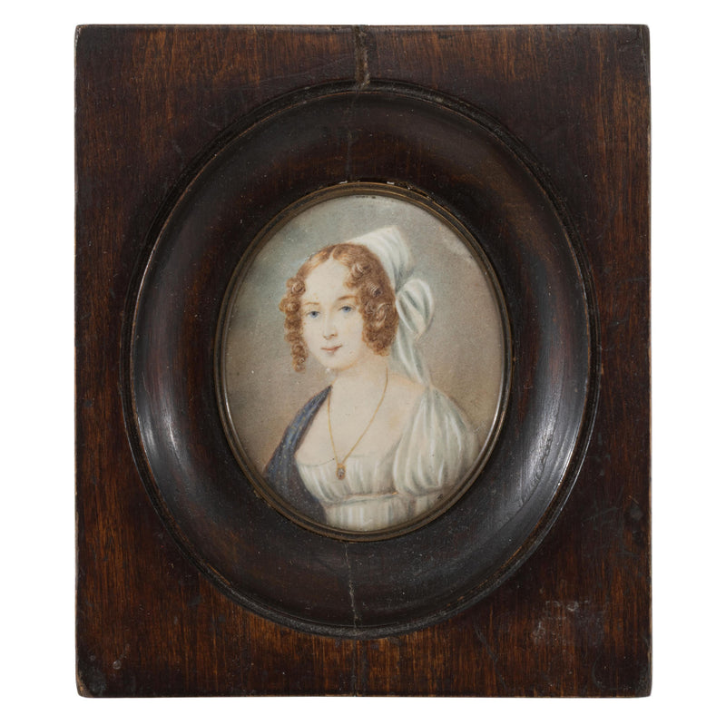 Miniature Porcelain Portrait of Lady in Concave Wood Frame with Brass Liner