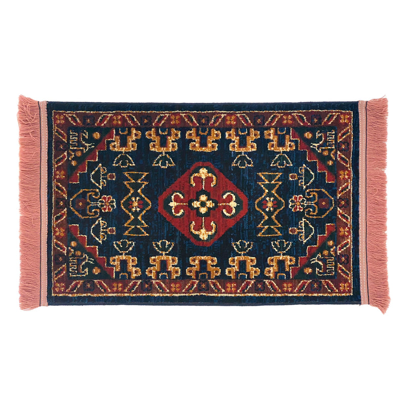 Multi Colour Geometric Machine Made Polyester Rug w/ Pink Fringe