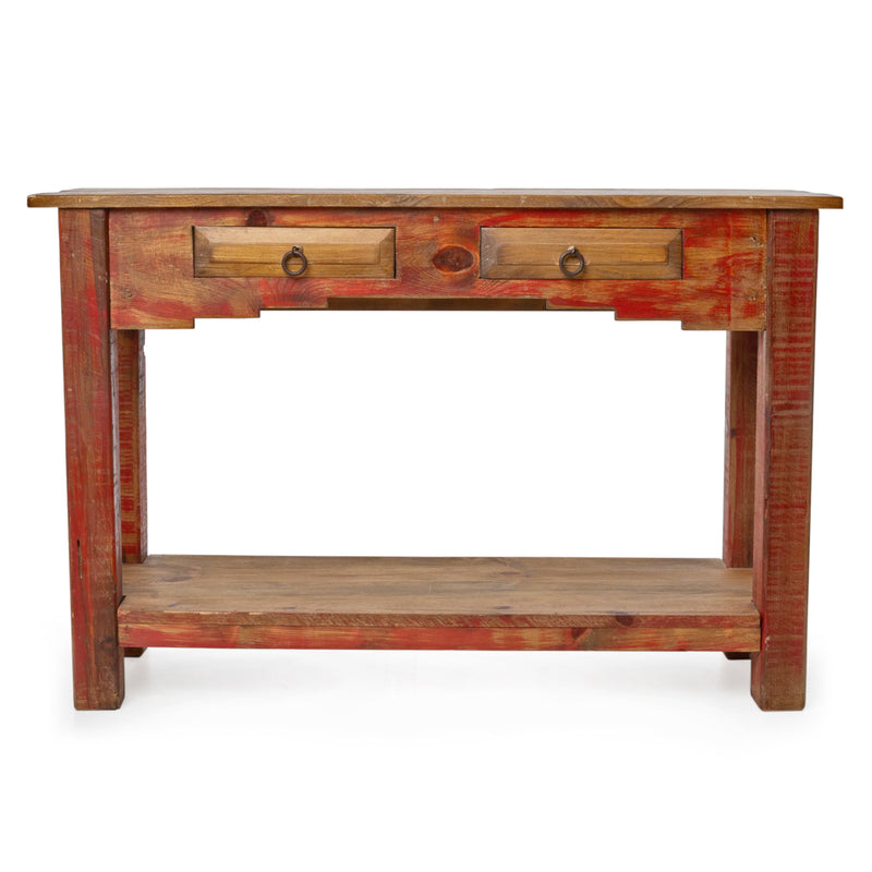 Newer Custom Pine Console Table w/ Red Painted Base & 2 Drawers