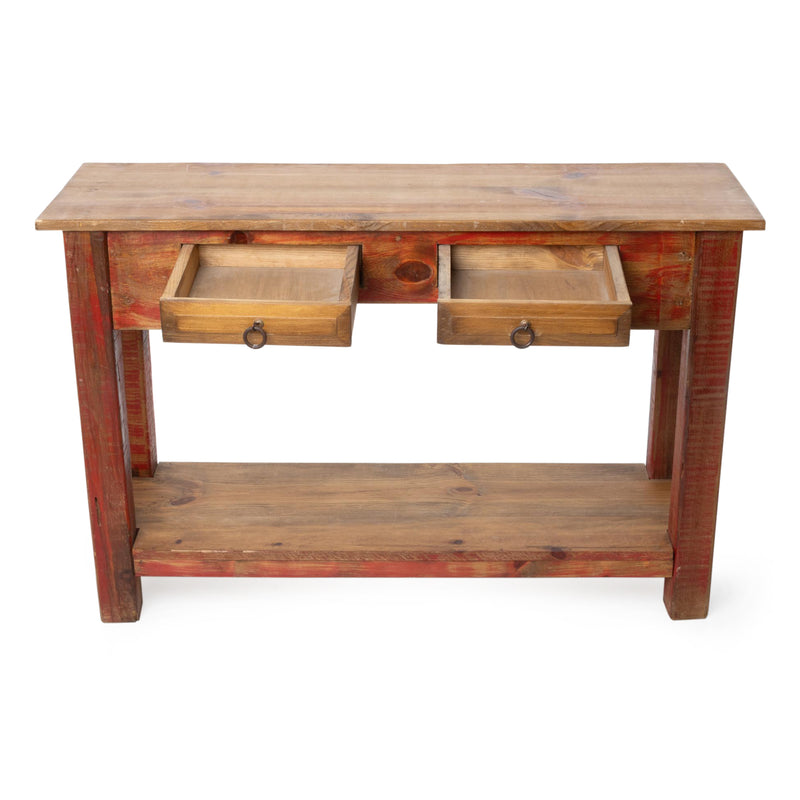 Newer Custom Pine Console Table w/ Red Painted Base & 2 Drawers