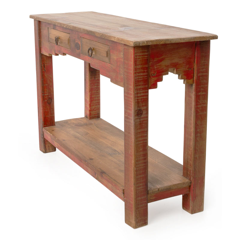 Newer Custom Pine Console Table w/ Red Painted Base & 2 Drawers
