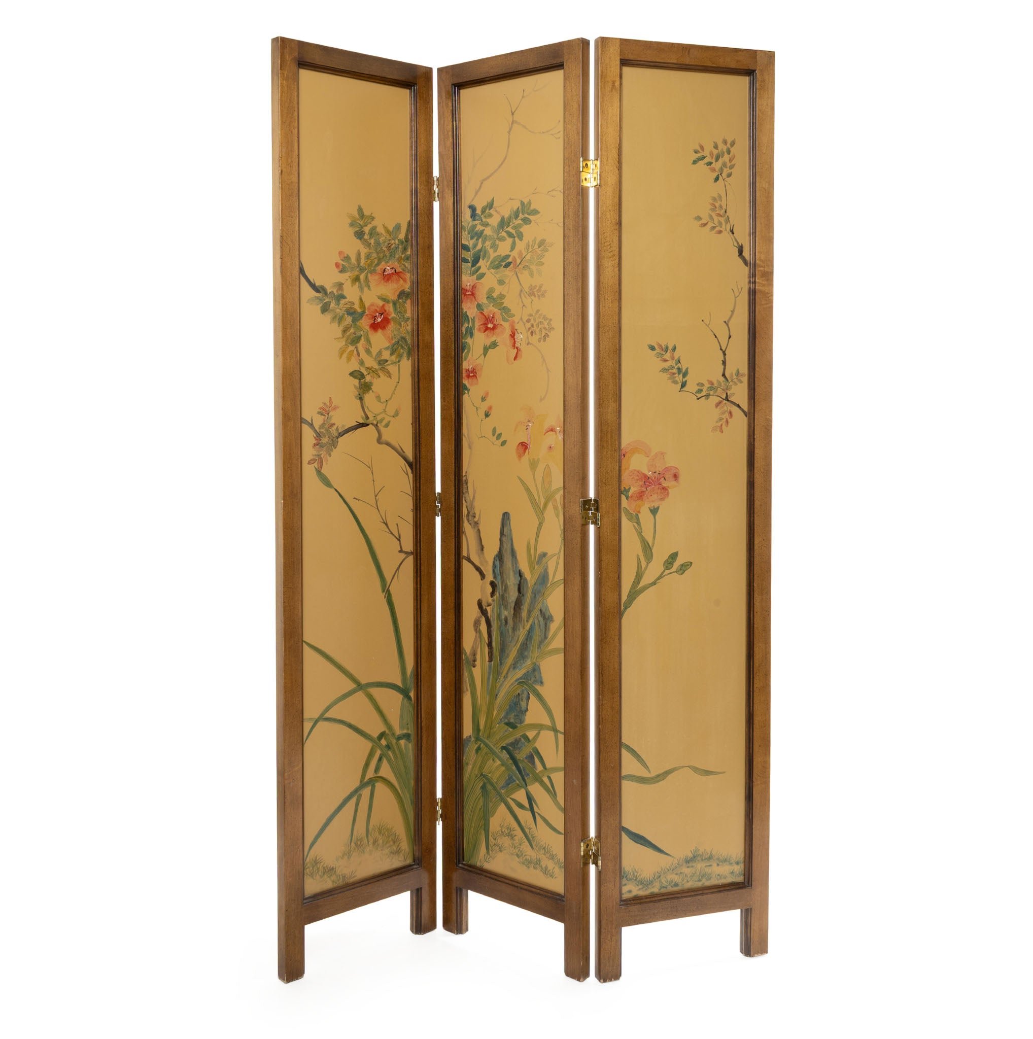 Newer Maple Privacy Screen w/ 3 Solid Floral Painted Recessed Panels ...