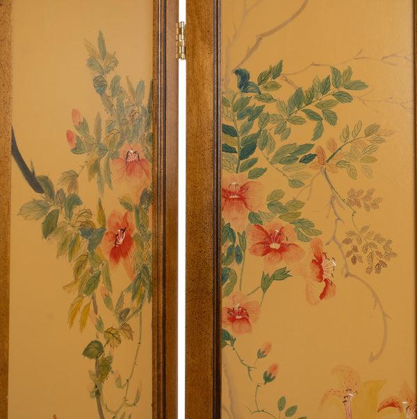 Newer Maple Privacy Screen w/ 3 Solid Floral Painted Recessed Panels