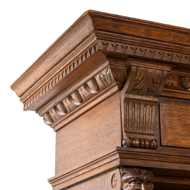 Oak 2-Section Open Bookcase w/ Adjustable Shelves and Geometric & Figural Carvings