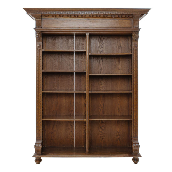 Oak 2-Section Open Bookcase w/ Adjustable Shelves and Geometric & Figural Carvings