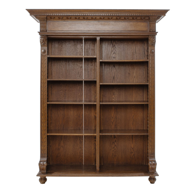 Oak 2-Section Open Bookcase w/ Adjustable Shelves and Geometric & Figural Carvings