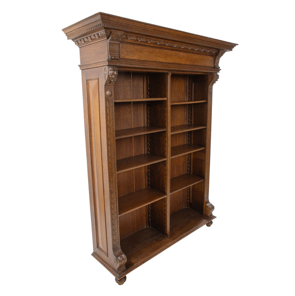 Oak 2-Section Open Bookcase w/ Adjustable Shelves and Geometric & Figural Carvings