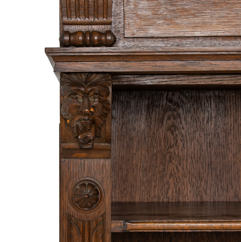 Oak 2-Section Open Bookcase w/ Adjustable Shelves and Geometric & Figural Carvings