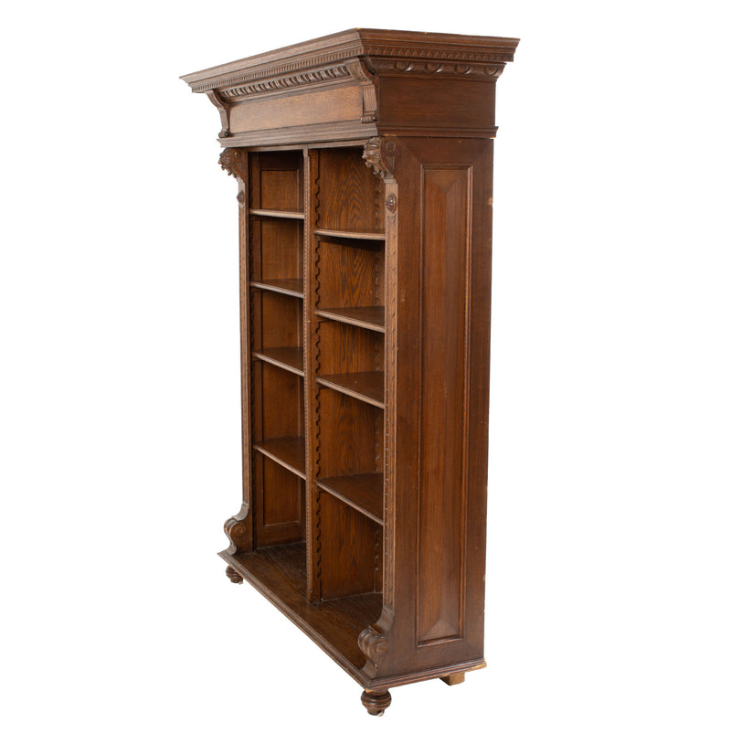 Oak 2-Section Open Bookcase w/ Adjustable Shelves and Geometric & Figural Carvings