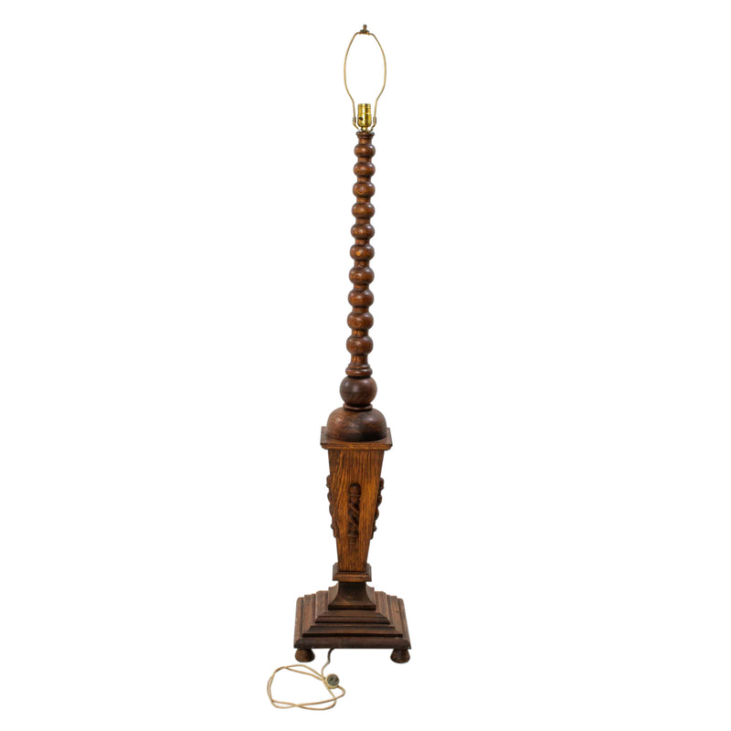 Oak Arts & Crafts Style Floor Lamp w/ Lower Pedestal Section Supporting Upper Turned Stem
