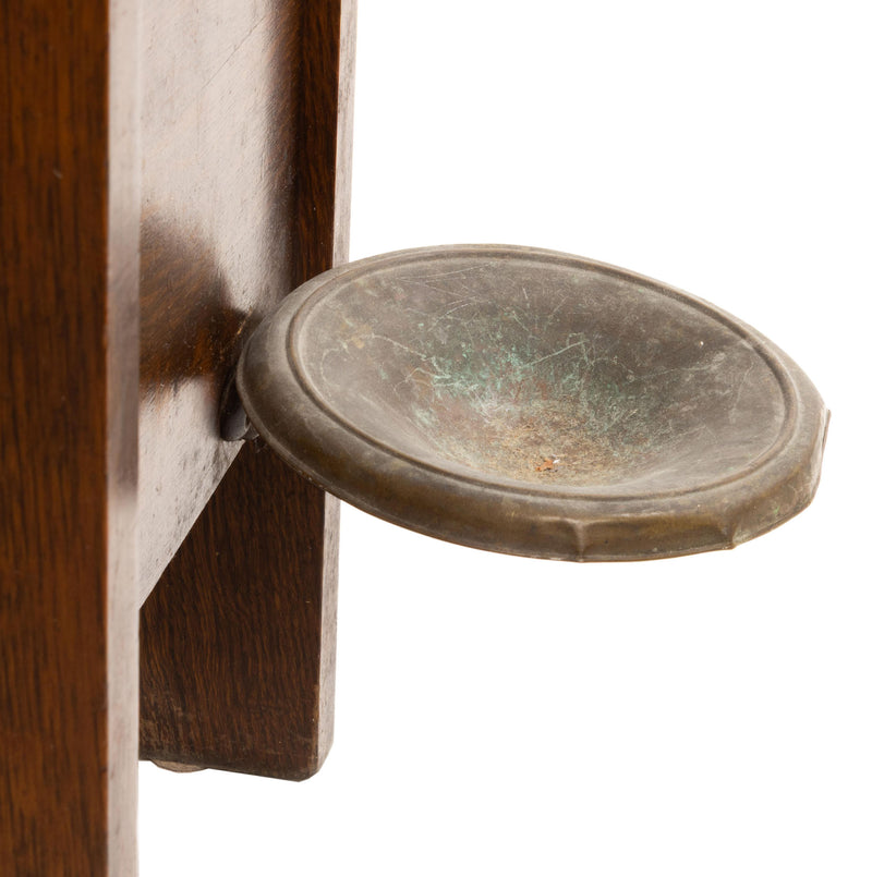 Oak Arts and Crafts Hall Stand with Umbrella Support/ Pan, Bevelled Edge Mirror, Cast Iron Hooks and Lift Top Seat
