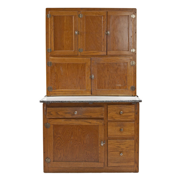 Oak Hoosier Cupboard with White Enamel Pull-Out Work Surface