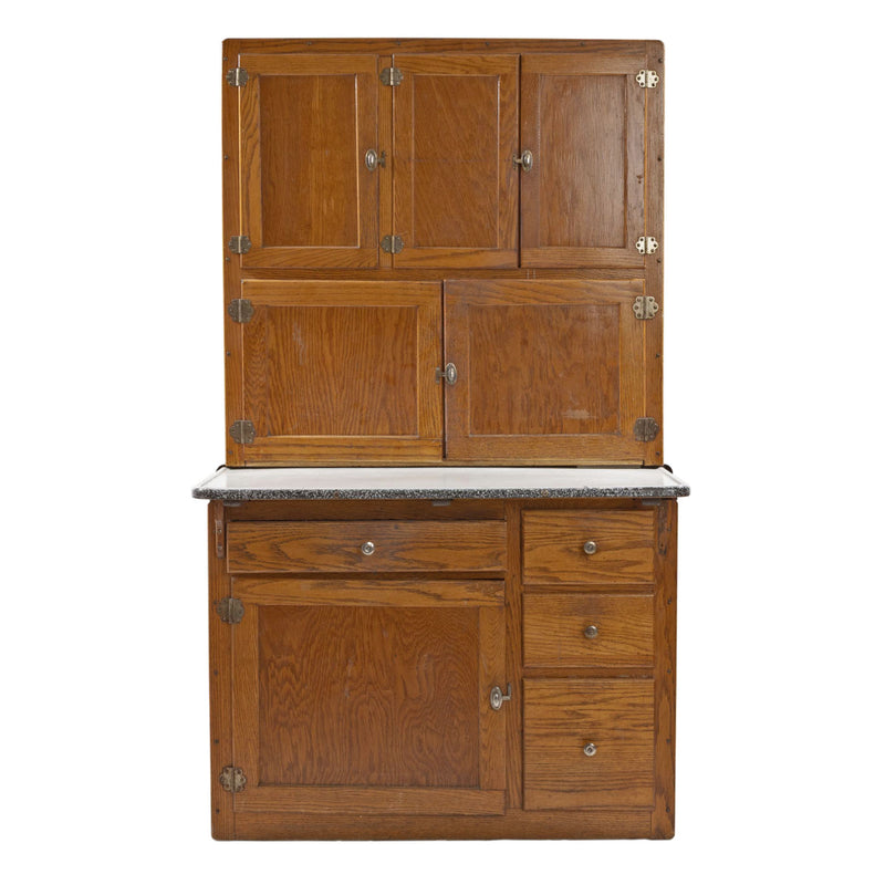 Oak Hoosier Cupboard with White Enamel Pull-Out Work Surface