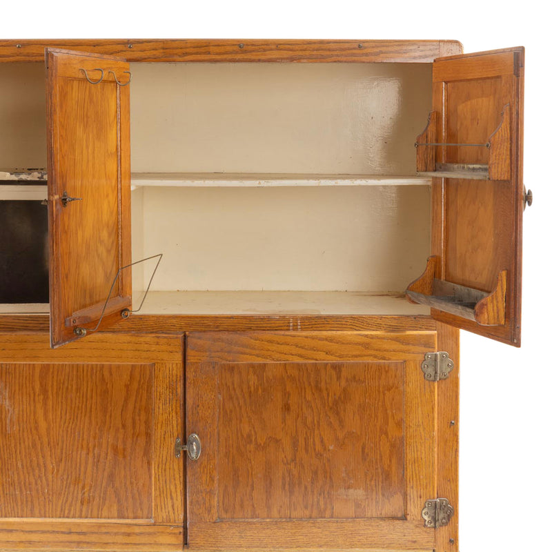 Oak Hoosier Cupboard with White Enamel Pull-Out Work Surface