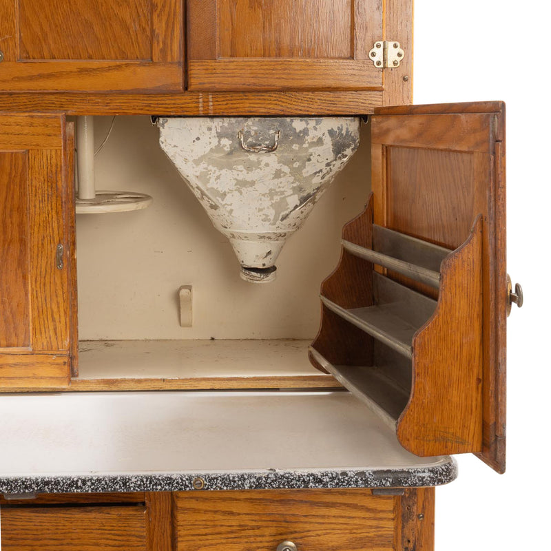 Oak Hoosier Cupboard with White Enamel Pull-Out Work Surface