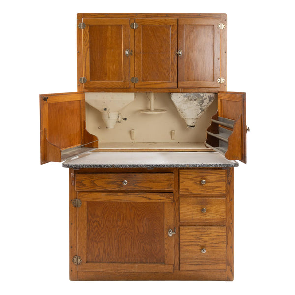 Oak Hoosier Cupboard with White Enamel Pull-Out Work Surface